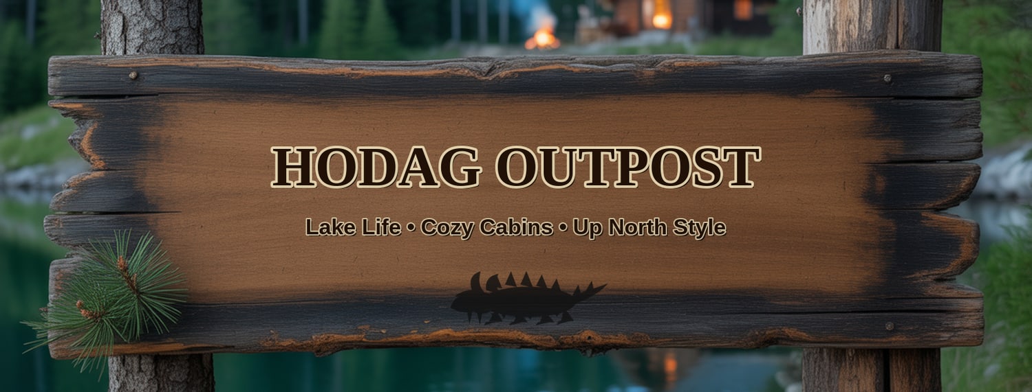 Hodag Outpost sign beside a Northwoods lake and campfire