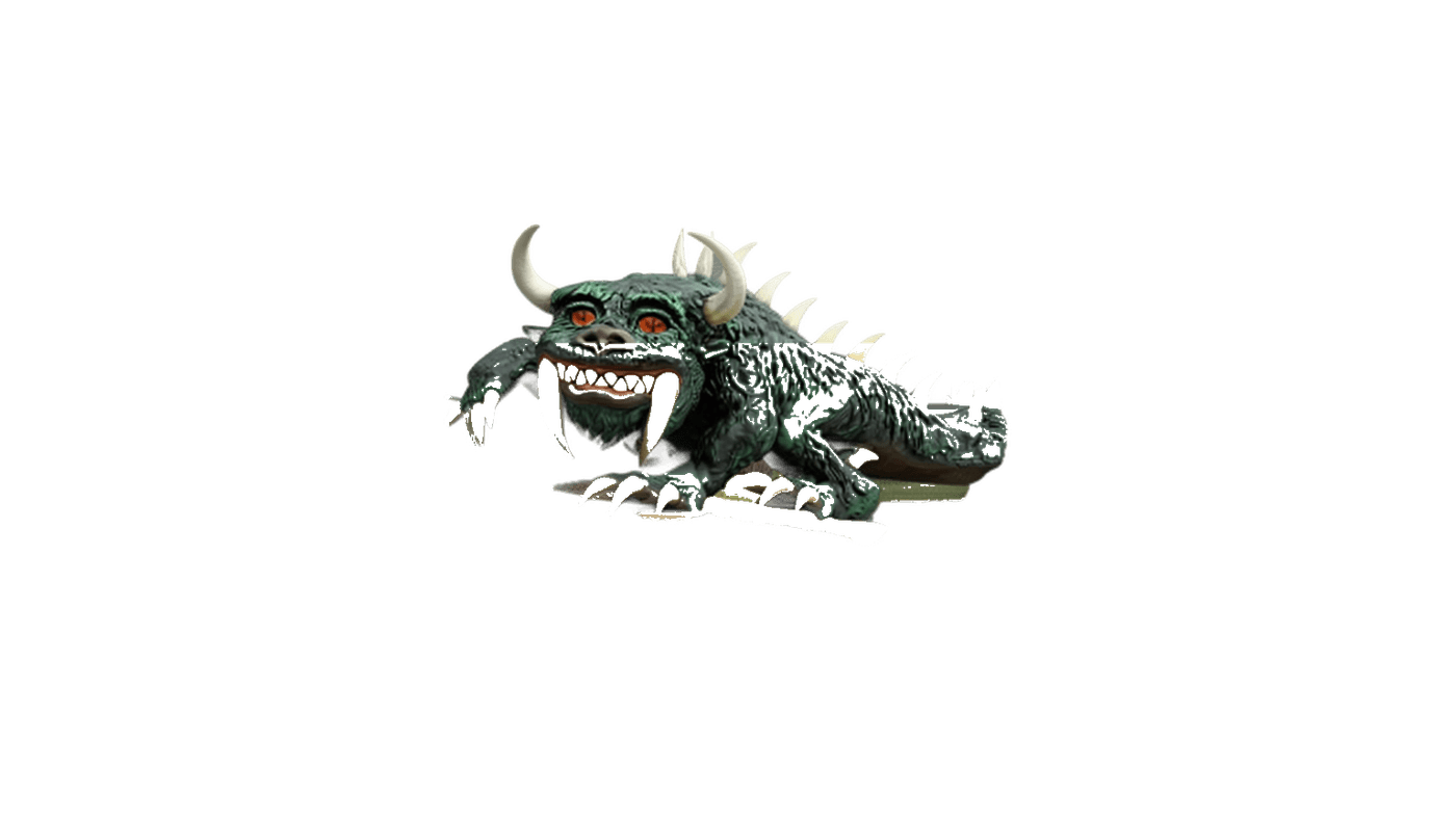 Illustrated green Hodag creature standing in profile